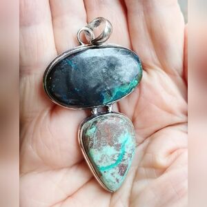 Beautiful Chrysocolla Natural Cabachon Pendant .925 Sterling Overlay